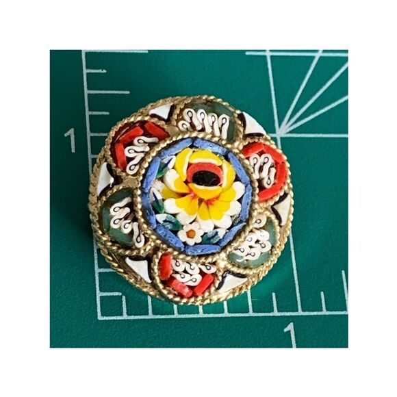 Yellow blue floral micro mosaic round Italian pin - Picture 7 of 7